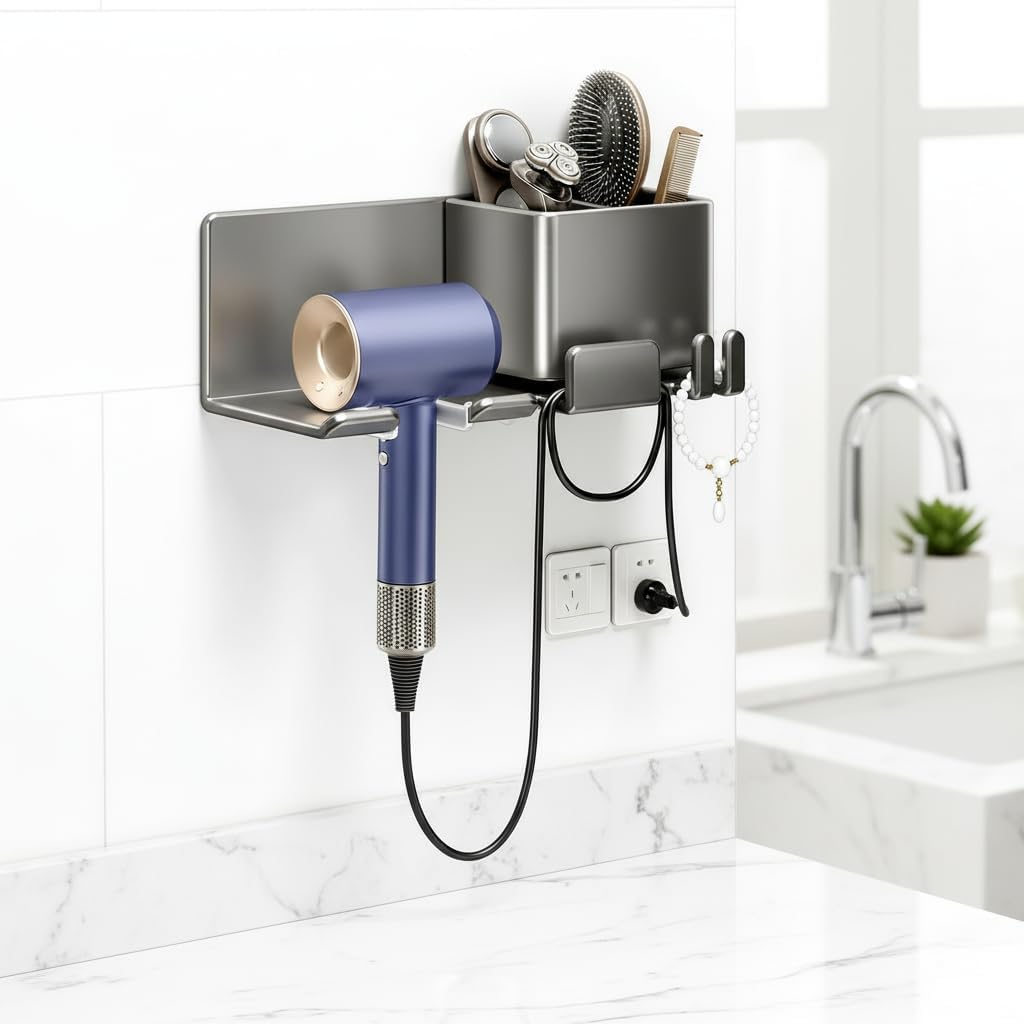 Hair Dryer Holder Wall Mounted, Metal Blow Dryer Stand with 2 Storage Cups, No Drill Self Adhesive Bathroom Organizer Rack for Hair Tools, Straighteners, Curling Irons, Toiletries.(Gray)