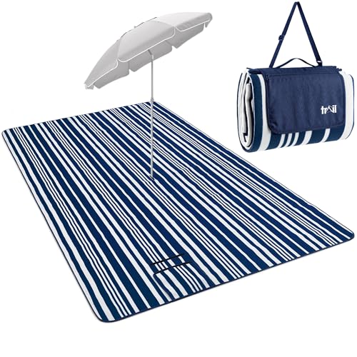 Trail Extra Large Picnic Blanket, Soft Fleece Rug, Waterproof Backing, Foam Insulation, Fleecy Top, Parasol Slit, Peg Points, Cover with Strap, Portable Camping Garden Beach Mat (Navy Blue / 3m x 2m)