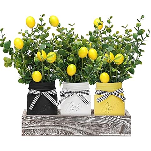 Lemon Mason Jars Centerpiece, Wood Tray with 3 Painted Jars for Dining, Coffee Table, Kitchen, Living Room, Spring Mason Jar Décor Cover