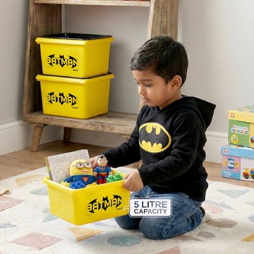 Image of Nayasa Stack N Store Batman, Small, 5 ltrs | DC Superhero Print Plastic Storage Boxes Set of 2 with Lid | Side Handles | Stackable Multipurpose Organizers | Strong & Durable | Yellow