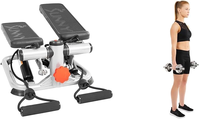 Sunny Health & Fitness Advanced Mini Home Steppers with Resistance Bands – SF-S0978 + Adjustable 15 KG Dumbbell Set w/Carry Case, Space Saver, Secure Quick-Lock, Anti-Slip Steel Handle