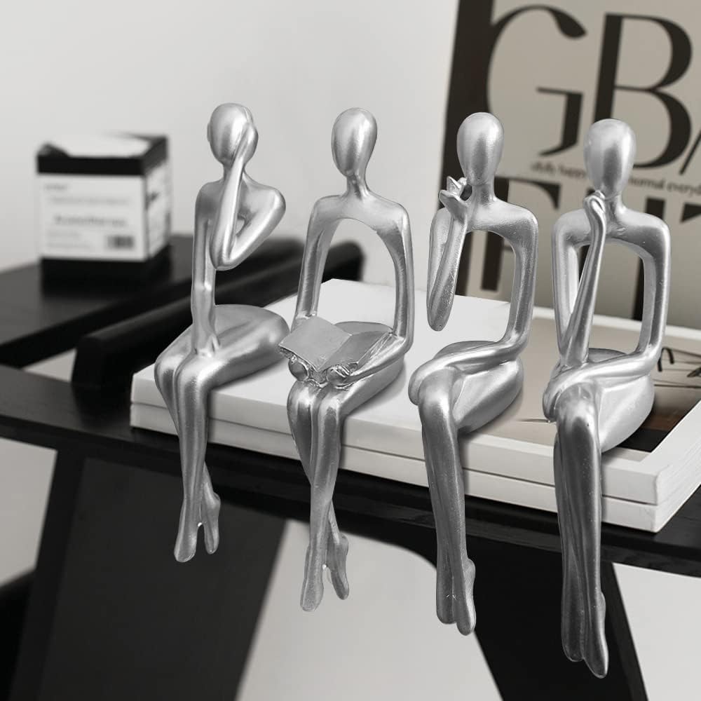 Silver Accent Decor Thinker Statuem, Statues for Home Decorations Abstract Sitting Thinker Desk Sculpture Table Decor 4 Piece (Silver)