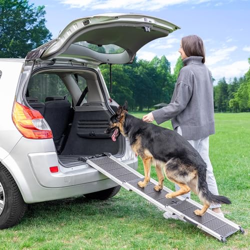 Hunderampe Auto Klappbar - Stabile und rutschfeste Hundeleiter Auto & SUV bis zu 90kg Belastbar - Teleskop Alu Rampe für große Hunde - Reflektierende Seiten - Hundetreppe - Befestigungsclip - Grau