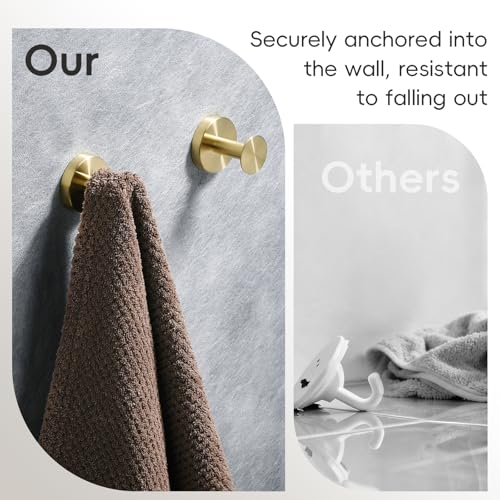 YWCOO Towel Hooks for Bathroom 304 Stainless Steel Coat Robe Clothes Hook for Bathroom Kitchen Living Room Wall Mounted Shower Hooks for Inside Shower 2 Golden (Drilling Installation) — view 5