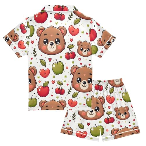 ALAZA Cute Cartoon Bear Cherry Pajamas Satin Pajama Set Short Sleeve Button Down Sleepwear2
