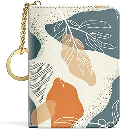 Aiawoxc Credit Card Holder, Small RFID Card Wallet Slim Leather Organizer Case with Zipper & Keychain, Abstract Boho Leaves