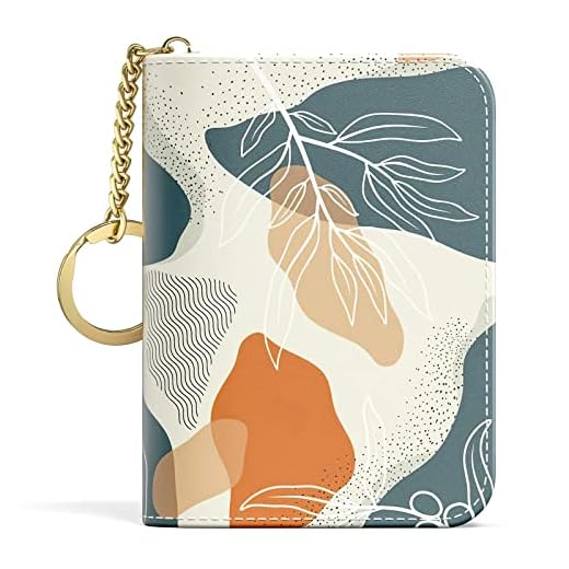 Aiawoxc Credit Card Holder, Small RFID Card Wallet Slim Leather Organizer Case with Zipper & Keychain, Abstract Boho Leaves