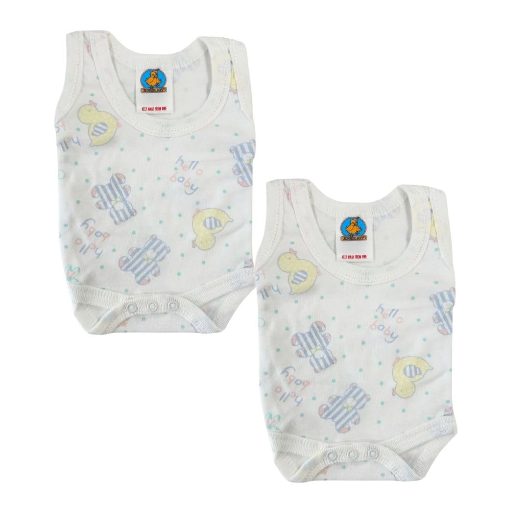 Junior Joy – 2 Pack Baby White Printed Bodysuits for Premature Babies, Round Neck, Sleeveless, 100% Cotton, Popper Fastening for Easy Nappy Changes