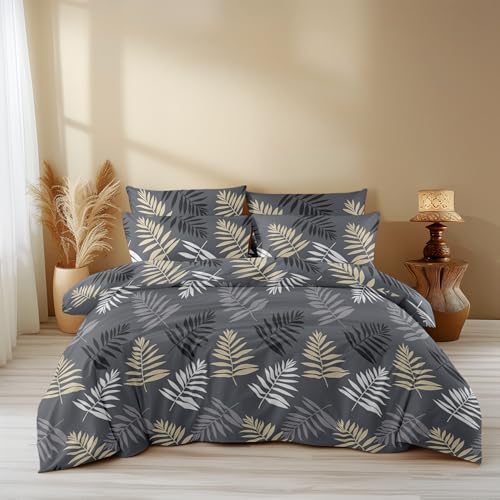 Image of LOOMLYFE 300 TC All Season King Size AC Comforter || Blanket || Duvet for Double Bed with 1 Flat Bedsheet and 2 Large Pillow Covers - 4 Piece Comforter Set - GreyLeaves
