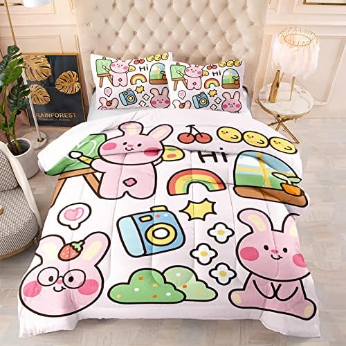 BailiPromise Rabbit Comforter Queen Size,Kawaii Rabbit Kids Comforter Set,3Pcs Bedding Set Printed Comforter with 2 Pillowcases,Down Alternative,Soft and Lightweight,for All Seasons