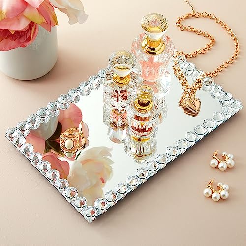 Rectangular Mirror Tray Crystal With Bead Diamond Shape Trim For Bathroom Vanity, Decorative Serving Tray For Coffee Table, Home Decor, Candles, Jewelry (9X6X1 In) #TOP1