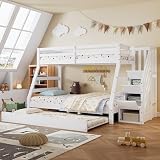 BXEYXE Litera con cama abatible. Cuna con armario de escalera y pasamanos. con barrera anticaídas en todos los lados. pino+MDF. blanco. 90 x 190 cm. Cama enrollable. 90/120 x 200 cm