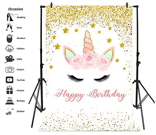 (0.9m x 1.5m, NSW04429) - LFEEY 0.9m x 1.5m Unicorn Themed Photo Backdrop Gold Sequins Stars Kids Ch