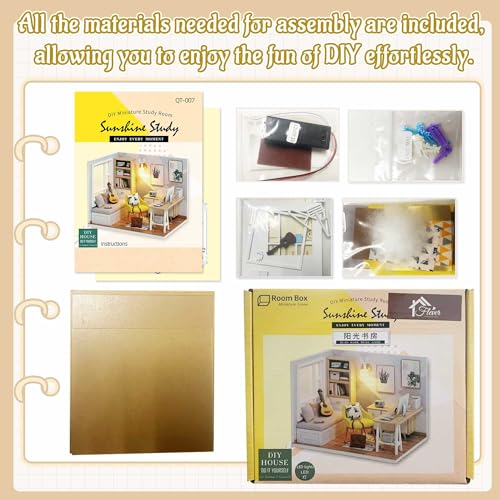 Image of Flever Dollhouse Miniature DIY House Kit Creative Room with Furniture for Romantic Artwork Gift (Sunny Study)