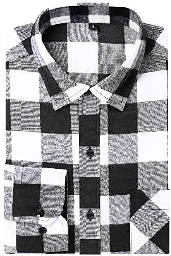 DOKKIA Men's Casual Dress Long Sleeve Buffalo Plaid Checkered Fitted Flannel Shirt (Black White Buffalo, X-Large)