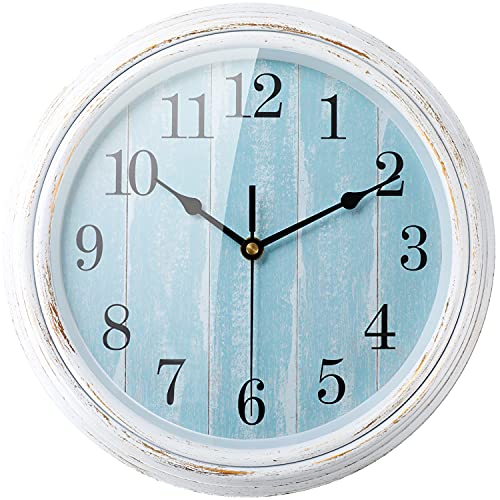 JoFomp Wooden Glow in The Dark Clock, 12 inch Silent Non-Ticking Battery Operated Clock, Energy-Absorbing Luminous Numerals and Hands, Lighted Wall Clock Decoration (White-Blue, 12 Inch)