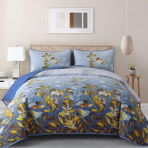 WONGS BEDDING Quilt Set King, Blue-Gold Floral Bedspread Coverlet Set