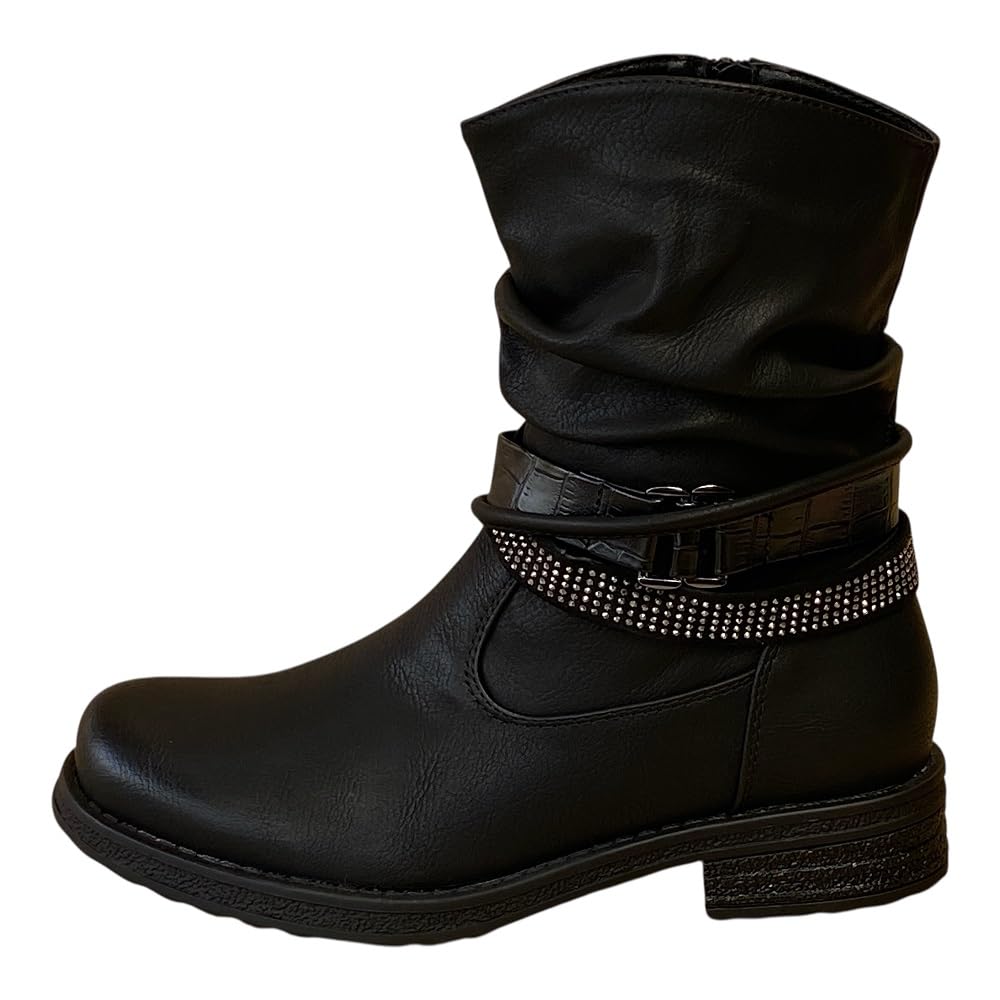 Pogolino Damen Stiefeletten Nieten Biker Boots Glitzer Stiefel leicht gefüttert 1573