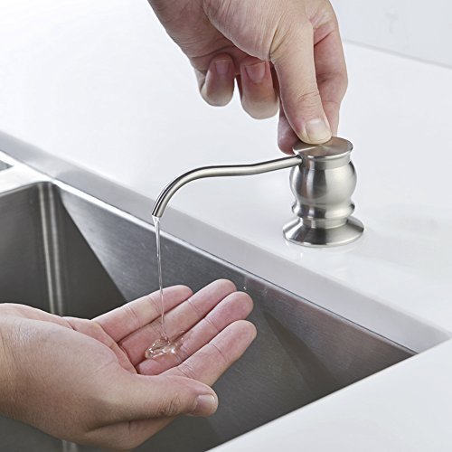 Image of Built in Deck Mount Liquid Lotion Kitchen Countertop Metal Soap Dispenser, Brushed Nickel Brass Dispenser Pump with 47.2 inch Silicone Long Tube for 0.79 inch- 1.38 inch High Capacity Bottle Mouths