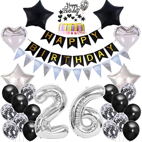 Balloons 26th birthday decoration 26 years man black silver + 26th birthday cake decoration black set birthday decoration 26 year balloon birthday decoration woman man 26th birthday decoration men Cover