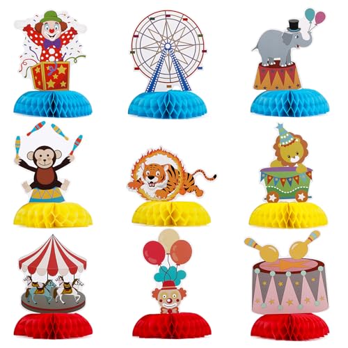 BOFUNX Pack of 9 Carnival Honeycomb Table Decoration 3D Clown Head Circus Animal Party Honeycomb Centrepieces Table Decoration for Carnival Children Circus Birthday Party BOFUNX Pack of 9 Carnival Honeycomb Table Decoration 3D Clown Head Circus Animal Party Honeycomb Centrepieces Table Decoration for Carnival Children Circus Birthday Party