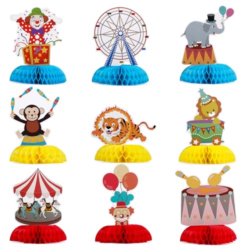 BOFUNX 9pcs Centrotavola a Nido d'Ape Circo Centrotavola Circo da Tavola Decorazione a Nido d'Ape di Circo Toppers Tavolo Ornamenti Circo da Tavolo in Carta per Carnevale Festa