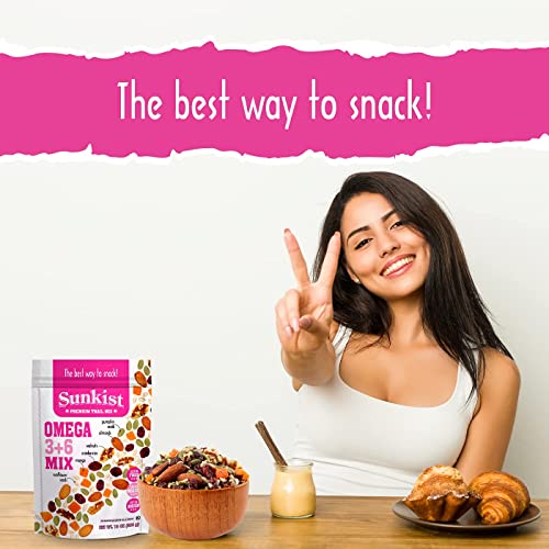 Sunkist® Omega 3+6 Trail Mix - Fruit, Nut and Seeds, Pumpkin and Sunflower Seeds, Mango, Almonds, Walnuts, and Cranberry | Gluten Free Premium Quality | 13 oz Resealable Bag (Sunkist® Omega 3+6 Trail Mix)
