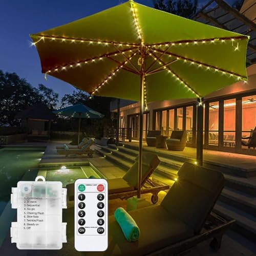 Luces para sombrilla, 104 LED impermeables, a pilas, con control remoto, 8 modos de iluminación para exteriores, patio, jardín y tiendas de campaña (Blanco cálido)