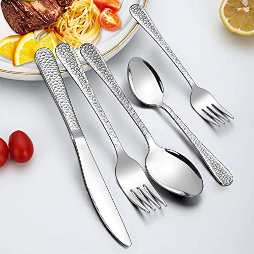 Homikit 48 Pieces Hammered Silverware Set With Steak Knives, Stainless Steel Flatware Cutlery For 8, Fancy Metal Tableware Eating Utensils Include Knife Forks Spoons, Mirror Polish, Dishwasher Safe #TOP1