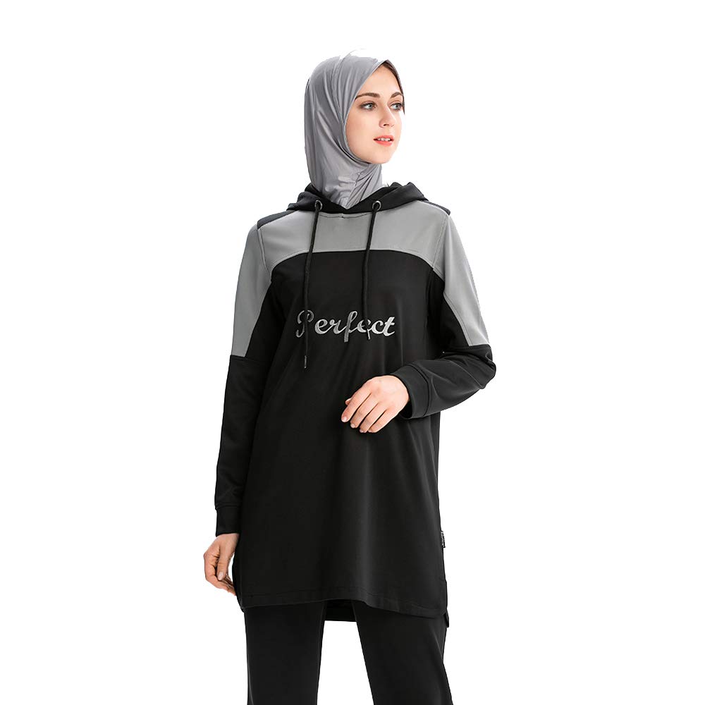 Muslim Tracksuit Hoodies Islamic Sweatsuit Sweatshirt Muslimah Sports Pullover (2XL, Black)