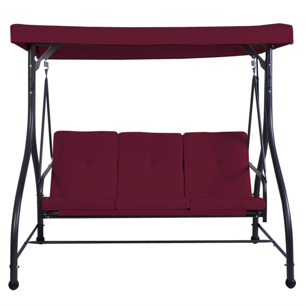SFAREST 3 Seater Swing Chair, Hammock Bench Garden Swing Seat with Adjustable Canopy and Cushions, Outdoor Hanging Rocking Chair for Balcony Backyard Poolside (Wine Red) — image 1