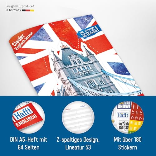 Häfft® 2 x Englisch Vokabelheft A5 mit 2 Spalten, liniert 64 Seiten - mit Sprüchen, Infos zu Kultur und Umgangssprache, Grammatik, Lernkontrollsystem, Stickern u.v.m