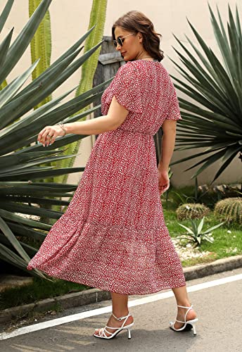 Image of Nemidor Plus Size Women Casual Maxi Dresses Print Bobo Belted Layered Chiffon Summer Long Dress with Ruffle Sleeve