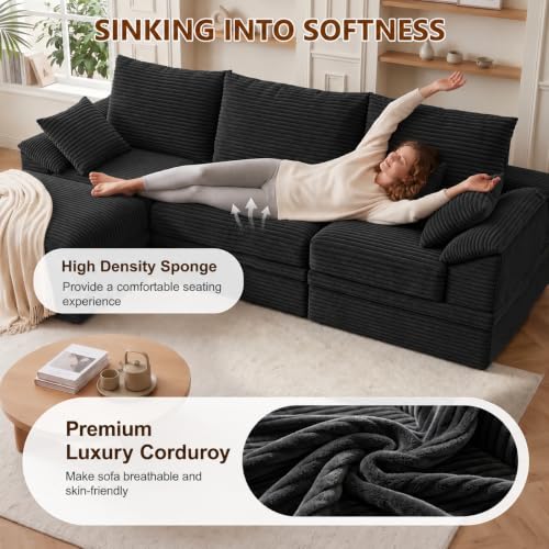 107" Modular Sectional Sofa Boneless Couch with Storage, L-Shape 3 Seat Comfy Modern Cloud Couch Sofa with Ottoman, 27" Deep Seat Corduroy Sofa for Living Room, Tool-Free Assembly - Dark Grey - image 5