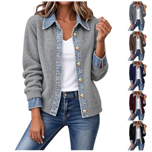 KAJXZ Cardigan Sweaters for Women Denim Patchwork Trim Knitted Fall Jacket