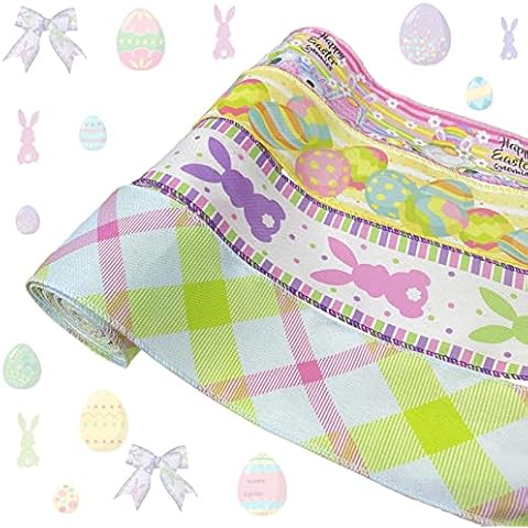 4 Rolls 2.5 Inch Easter Wired Edge Ribbons, Easter Eggs Bunny Gnome Plaid Burlap Ribbon, Easter Decorative Ribbons for Wreath Crafts, 2.5 x 5 Yard Per Roll Cover