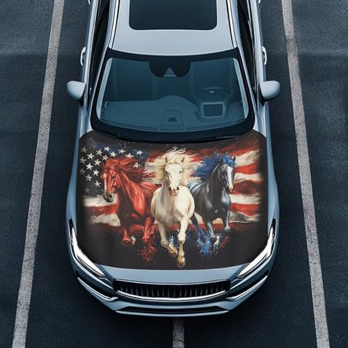 Image of Car Hood Cover Protector Scratch Auto Hood Wrap Blanket Auto Exterior Accessories Patriotic Decorations for Sedan SUV Pickup Truck Jeeps (American Flag Horse Design)