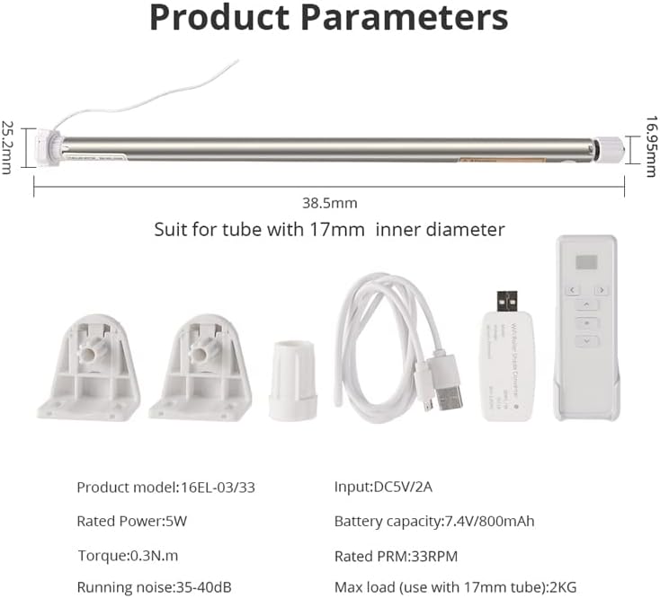 Diagram showing the dimensions of the tubular motor and a table of product parameters.