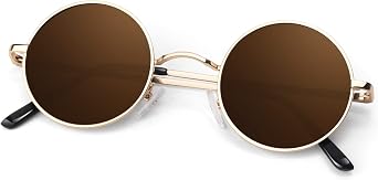 Round Polarized Sunglasses Men Women,Retro Metal Hippie Shades with 100% UV Protection