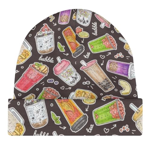 Cute Cartoon Bubble Tea Pattern Kids Beanie Hat for for Girls Boys Children Cap Winter Knitted Chemo Cancer Headwear Accessories Gifts Decoration Black4