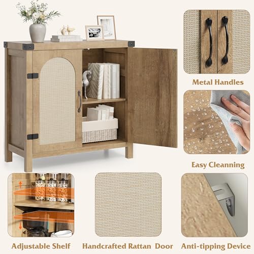 GarveeHome Rattan Sideboard Buffet Cabinets with Storage, Farmhouse Kitchen Accent Storage Cabinet, Boho Wooden Coffee Bar Cabinet for Dining Room, Living Room, Hallway, Natural