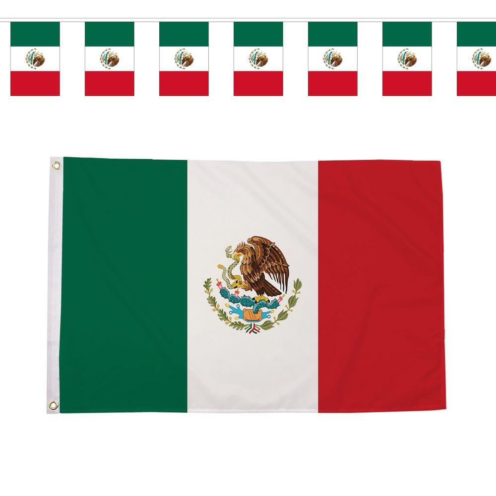 Flagtex Mexico El Tri World Cup 2026 Medium Team Bundle Includes 5ft x 3ft Premium Polyester Flag and 9m Rectangle Bunting Football Fan Pack Indoor Outdoor Decoration