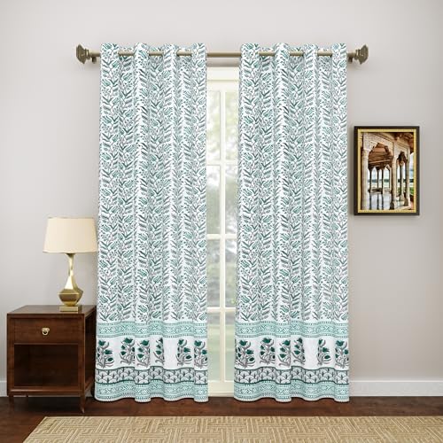 Image of BLOCKS OF INDIA Blackout Hand Block Printed Cotton Daylight Curtains with Eyelets(Set of 2 Curtains) (Block 6, 7 Feet /Door), White, Blue