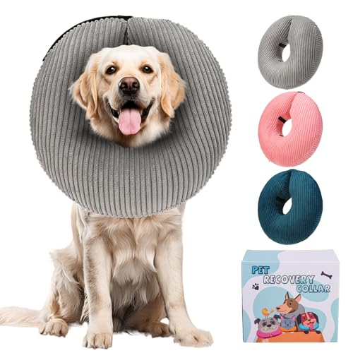 Image of BINGPET Inflatable Dog Cone Collar Alternative After Surgery,Soft Recovery Cone for Dogs to Stop Licking, Blow up Protective Neck Donut ECollars Adjustable for Large Medium Small Puppy Pet, Grey XL