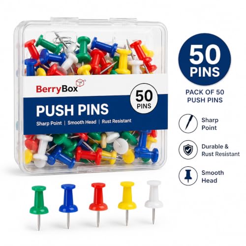 Image of Steel Push Pins Pack of 50 | Multicolour Head Thumb Tacks with Sharp Steel Pins for Notice Board, Bulletin Board, Cork Board, Office, School, Classroom, Home & Craft Display