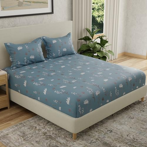 Image of HUESLAND by Ahmedabad Cotton 144 TC Cotton Elastic Fitted Bedsheet for Double Bed with 2 Pillow Covers | 60 x 78 inches
