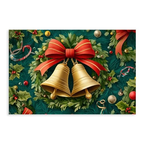JDBeehpy Frameless Canvas Print Mural Festive Golden Christmas Bells with Red Bow Wall Art Holly Ornaments Painting Joyful Holiday Decor Poster 12x18inch(30x45cm)