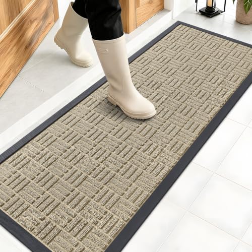 OLANLY Front Door Mat Outside Entrance 47x17 Absorbent Heavy Duty Sturdy Natural Rubber Doormat Indoor Outdoor Stain and Fade Resistant Non-Slip Backing Low Profile Floor Mat for Entryway Beige