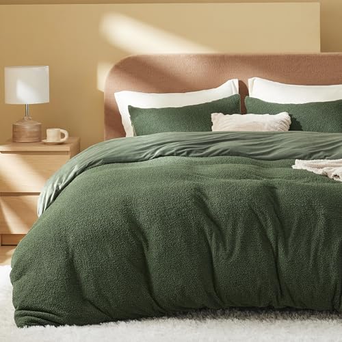 Image of Bedsure Fluffy Plush Queen Comforter Set, Olive Green Bed Set Queen Size, Luxury Ultra-Soft Bedding, 3 Pieces, 1 Solid Comforter (90 inchx90 inch) and 2 Pillowcases (20 inchx26 inch)