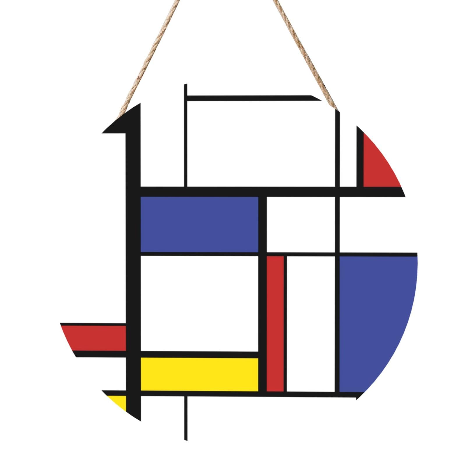InOmak Print Mondrian Style Painting, Round Wood Panel Painting 12 in, Wall Hanging Painting For Home